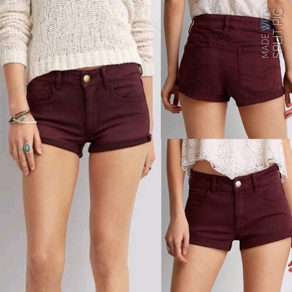 AEO Super Stretch Hi Rise Distressed Maroon Shorts - Picture 7 of 7